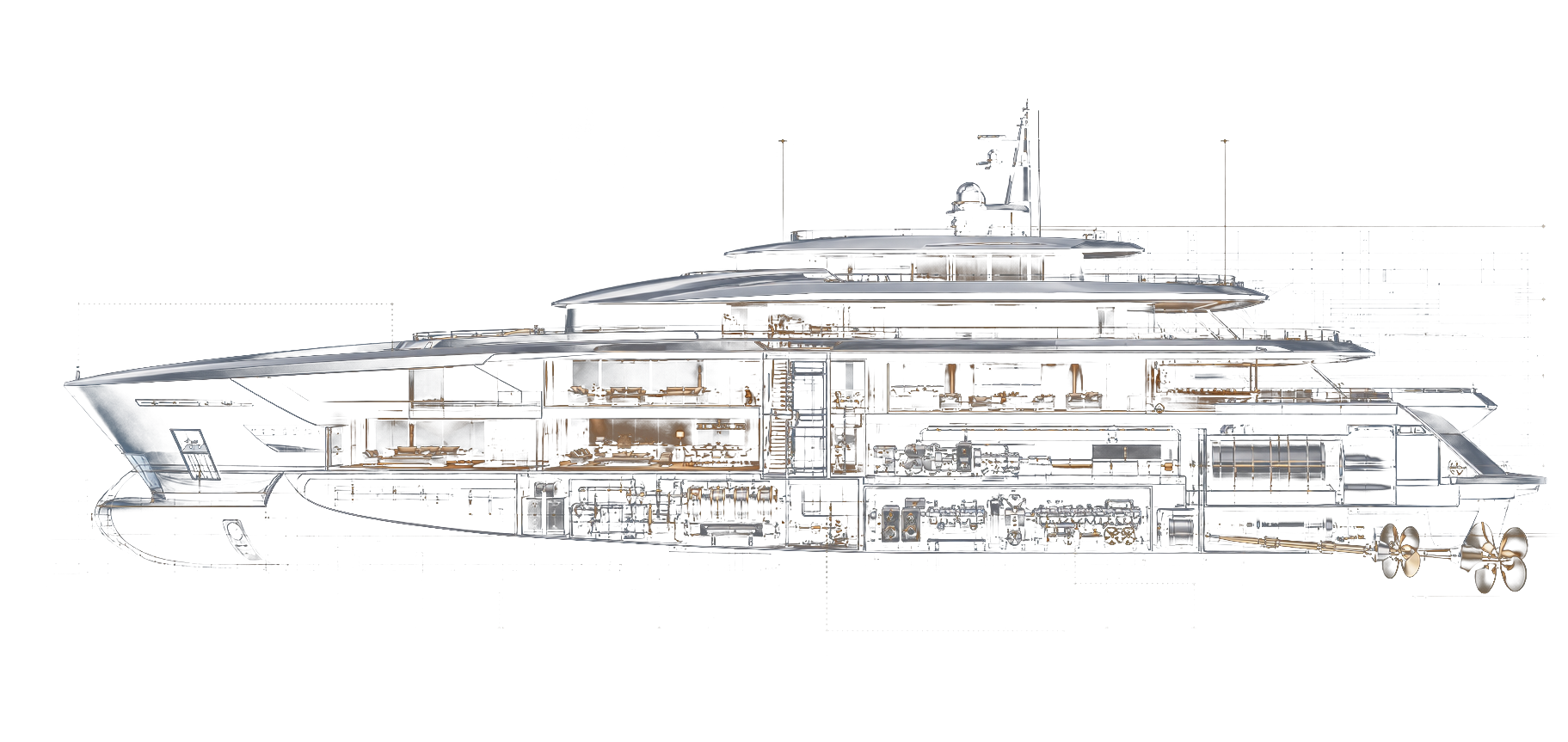 Side profile cutaway of Aurelius yacht systems