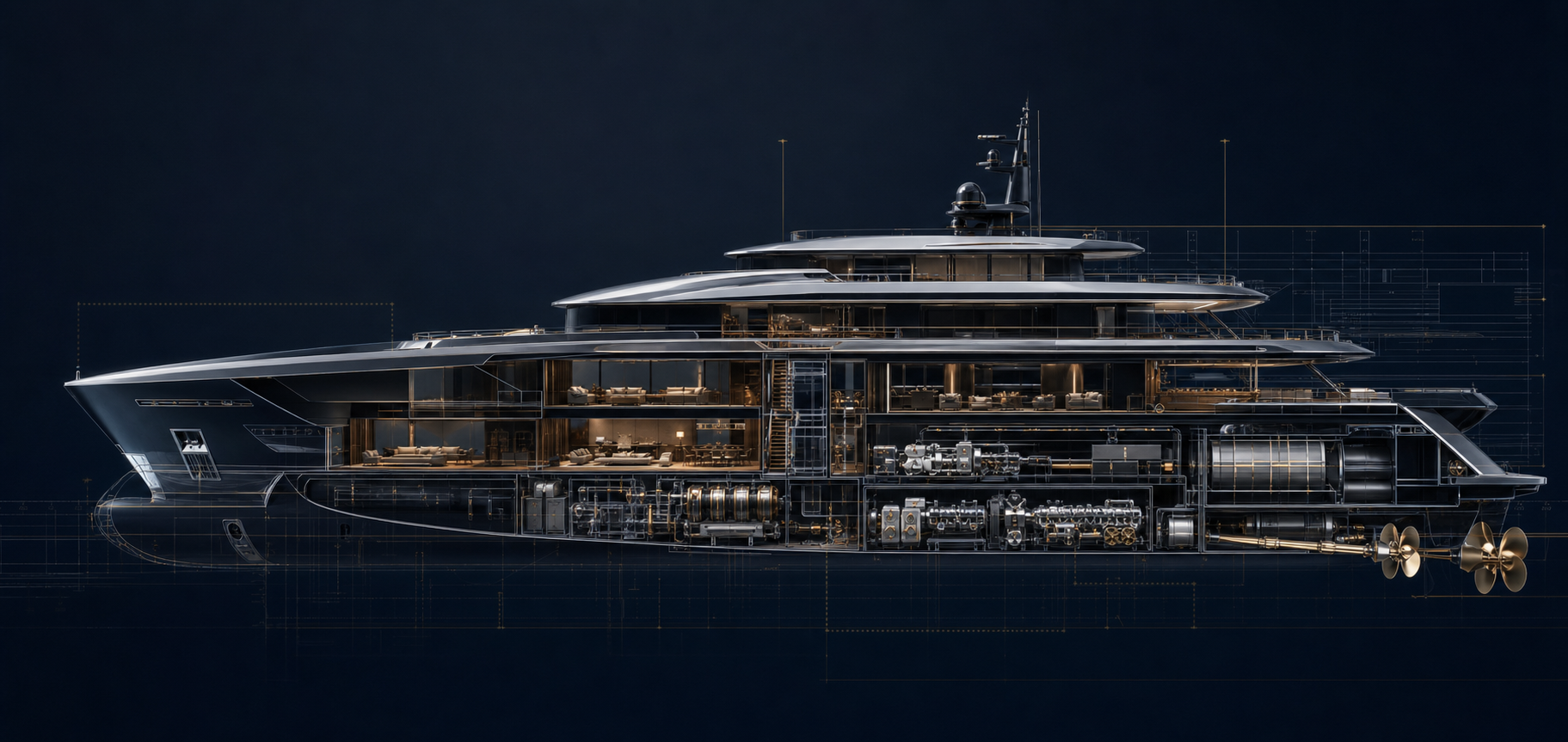 Yacht engineering cutaway with propulsion systems