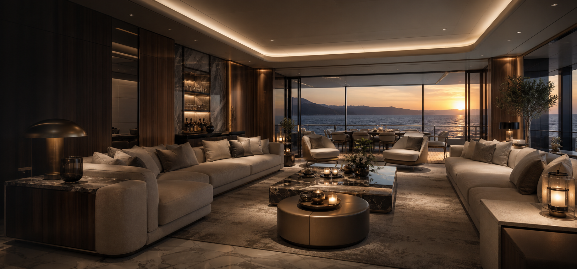 Luxury yacht salon seating and ocean view